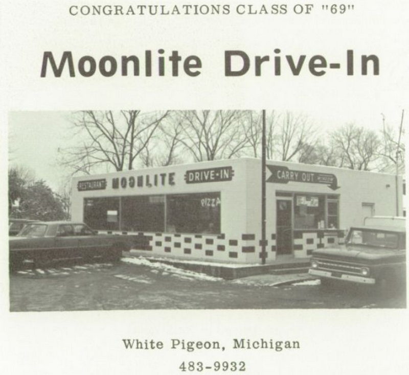 Rachaels (Moonlite Drive-In) - Class Of 69 White Pigeon Yearbook Ad (newer photo)
